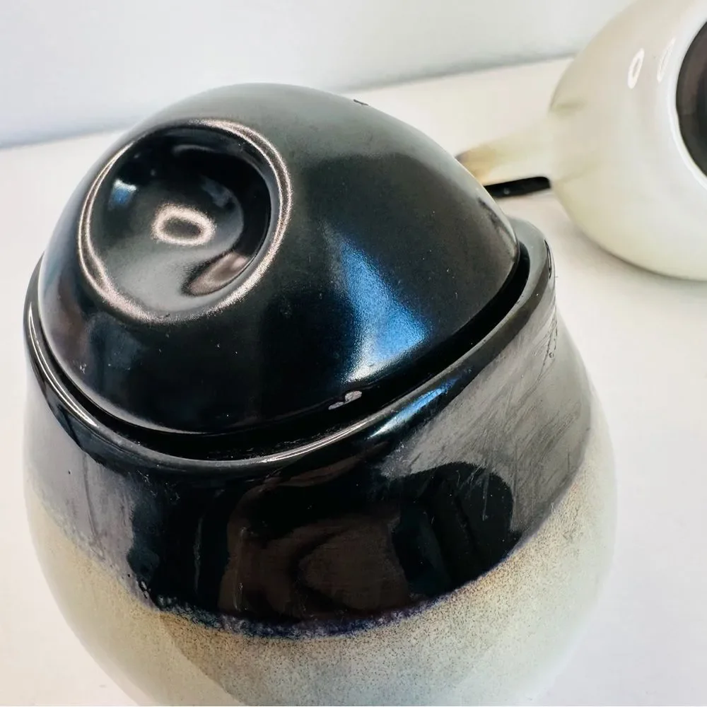Sango Nova Black 4932 Creamer Pitcher & Sugar Dish w/ Lid - Tea/Coffee Flea Bite